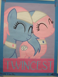 Size: 2112x2816 | Tagged: safe, artist:iceroadlion, aloe, lotus blossom, earth pony, pony, g4, ^^, eyes closed, female, implied incest, incest, lesbian, mare, painting, poster, ship:spacest, shipping, smiling, spa twins, twincest, twins
