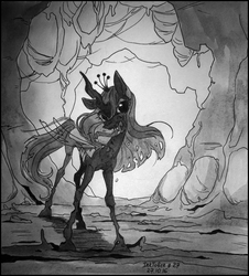 Size: 828x917 | Tagged: safe, artist:natanatfan, queen chrysalis, changeling, changeling queen, g4, female, inktober, inktober 2016, long tongue, looking at you, monochrome, solo, tongue out, traditional art