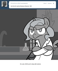 Size: 666x809 | Tagged: safe, artist:egophiliac, princess luna, moonstuck, g4, clothes, female, filly, lab coat, monochrome, science woona, solo, unamused, woona, younger