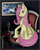 Size: 1756x2205 | Tagged: safe, artist:dezdark, fluttershy, princess luna, bat pony, pony, g4, chair, cutie mark accessory, cutie mark earrings, ear piercing, earring, female, flower, flutterbat, jewelry, necklace, picture, piercing, race swap, rose, sitting, solo, wine glass