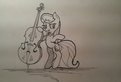 Size: 4420x2988 | Tagged: safe, artist:mang, octavia melody, earth pony, pony, g4, backwards cutie mark, bipedal, cello, female, grayscale, monochrome, musical instrument, simple background, solo