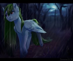 Size: 1280x1067 | Tagged: safe, artist:somepony-ul, oc, oc only, pegasus, pony, commission, female, long hair, long mane, long tail, mare, night, rain, sad, solo, walking