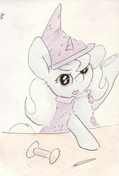 Size: 688x1019 | Tagged: safe, artist:slightlyshade, trixie, pony, unicorn, g4, cape, clothes, female, hat, mare, needle, sewing, solo, thread, traditional art