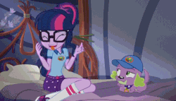 Size: 630x360 | Tagged: safe, screencap, sci-twi, spike, spike the regular dog, twilight sparkle, dog, equestria girls, g4, legend of everfree - bloopers, my little pony equestria girls: legend of everfree, animated, animated actors, blooper, gif, invisible stallion
