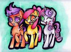 Size: 3482x2550 | Tagged: safe, artist:nabirar, apple bloom, scootaloo, sweetie belle, g4, cutie mark crusaders, high res, sparkling, traditional art