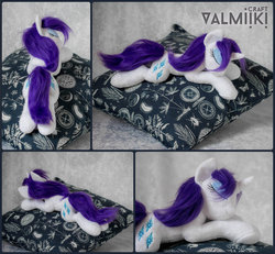 Size: 1400x1291 | Tagged: safe, artist:valmiiki, rarity, g4, both cutie marks, eyes closed, irl, photo, pillow, plushie, prone, sleeping, solo