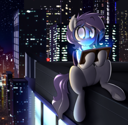 Size: 3940x3859 | Tagged: safe, artist:january3rd, oc, oc only, oc:sweet tooth, bat pony, pony, book, building, glowing, high res, night, skyscraper, solo
