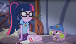 Size: 1611x938 | Tagged: safe, screencap, sci-twi, spike, spike the regular dog, twilight sparkle, dog, equestria girls, g4, legend of everfree - bloopers, my little pony equestria girls: legend of everfree, :i