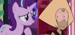 Size: 1350x630 | Tagged: safe, edit, edited screencap, screencap, starlight glimmer, gem (race), pony, unicorn, every little thing she does, g4, barn, close-up, cropped, female, gem, library, looking at each other, mare, peridot, peridot (steven universe), starlight glimmer is best pony, steven universe, twilight's castle