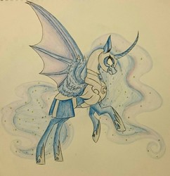 Size: 2056x2122 | Tagged: safe, artist:ponettedefeu, nightmare moon, g4, armor, bat wings, curved horn, female, frown, high res, horn, rearing, simple background, solo, spread wings, traditional art