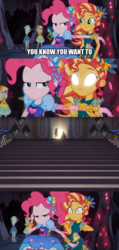 Size: 844x1768 | Tagged: safe, screencap, pinkie pie, sunset shimmer, equestria girls, g4, my little pony equestria girls: legend of everfree, blooper, dragon ball, dragon ball xenoverse 2, dumplin, exploitable meme, meme, pinkie's mindspace, screencap comic, sunset sees things, team four star, trunks