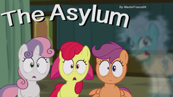 Size: 1024x576 | Tagged: safe, artist:masterfrasca, apple bloom, scootaloo, screw loose, sweetie belle, earth pony, pegasus, pony, unicorn, fanfic:the asylum, g4, blurry background, cover art, cutie mark crusaders, fanfic, fanfic art, fanfic cover, female, filly, foal, horn, hospital, mare, photoshop, trace