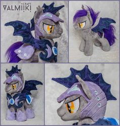 Size: 1427x1504 | Tagged: safe, artist:valmiiki, bat pony, pony, armor, faux fur, guard, helmet, irl, male, moon guard armor, night guard, photo, plushie, royal guard, slit pupils, solo, stallion