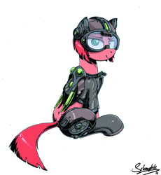 Size: 2641x2875 | Tagged: safe, artist:selenophile, oc, oc only, cyborg, pony, clothes, cyberpunk, goggles, high res, jacket, jetpack, lidded eyes, looking at you, looking back, sitting, solo