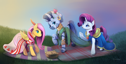 Size: 2200x1120 | Tagged: safe, artist:viwrastupr, fluttershy, rarity, zecora, zebra, g4, basket, blanket, clothes, dress, field, open mouth, picnic, picnic basket, raised hoof, trio