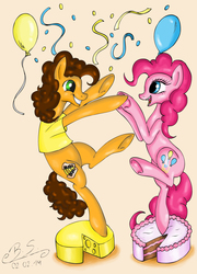 Size: 1775x2463 | Tagged: safe, artist:brush-sweep, cheese sandwich, pinkie pie, pony, g4, balloon, bipedal, cake, cheese, food