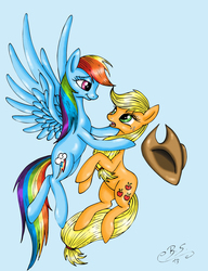 Size: 1901x2474 | Tagged: safe, artist:brush-sweep, applejack, rainbow dash, earth pony, pegasus, pony, g4, applejack's hat, cowboy hat, female, flying, hat, lesbian, looking at each other, mare, open mouth, ship:appledash, shipping, smiling