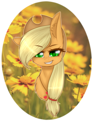 Size: 1083x1379 | Tagged: safe, artist:fellabyss, applejack, g4, cute, cute little fangs, ear fluff, fangs, female, grin, jewelry, necklace, smiling, solo