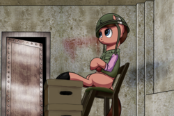 Size: 3000x2000 | Tagged: safe, artist:drafthoof, earth pony, pony, archer (show), chair, cheryl tunt, clothes, female, helmet, high res, mare, ponified, solo, table