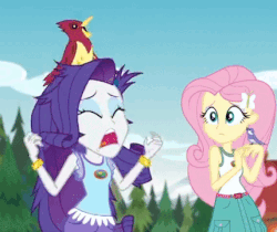 Size: 429x360 | Tagged: safe, edit, edited screencap, screencap, fluttershy, rarity, bird, equestria girls, g4, legend of everfree - bloopers, my little pony equestria girls: legend of everfree, animated, animated actors, birb, blooper, bracelet, cropped, drama queen, eyes closed, fast, female, flapping, frown, gif, jewelry, lemme smash, marshmelodrama, meme, messy mane, open mouth, ornithophobia, screaming, smiling, songbird, wide eyes