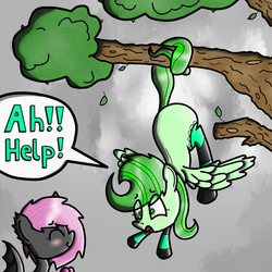 Size: 2000x2000 | Tagged: safe, oc, oc only, oc:snoopy, bat pony, pegasus, pony, blushing, cloudy, high res, leaves, scared, speech bubble, stuck, tree, wings
