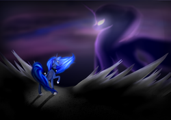 Size: 5000x3500 | Tagged: safe, artist:morphocrystal, princess luna, tantabus, g4, absurd resolution, duality, floppy ears, fluffy, glowing eyes, looking up, open mouth, raised hoof, wide eyes