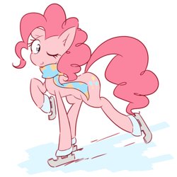 Size: 2651x2647 | Tagged: safe, artist:akainu_pony, pinkie pie, g4, clothes, cute, diapinkes, female, high res, ice skates, ice skating, one eye closed, raised hoof, scarf, skating, smiling, solo, wink