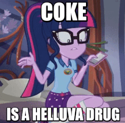 Size: 365x360 | Tagged: safe, edit, edited screencap, screencap, sci-twi, twilight sparkle, equestria girls, g4, legend of everfree - bloopers, my little pony equestria girls: legend of everfree, :i, :o, adorkable, animated, blooper, cocaine is a hell of a drug, cute, dork, female, gif, glasses, image macro, meme, open mouth, sitting, smiling, solo, sped up, talking, tongue out, wide eyes