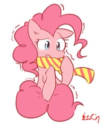 Size: 1650x2015 | Tagged: safe, artist:akainu_pony, pinkie pie, g4, clothes, cute, female, sad, scarf, shivering, simple background, solo, white background