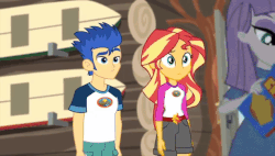 Size: 636x360 | Tagged: safe, edit, edited screencap, screencap, boulder (g4), flash sentry, maud pie, sunset shimmer, equestria girls, g4, legend of everfree - bloopers, my little pony equestria girls: legend of everfree, animated, animated actors, gif, reversed