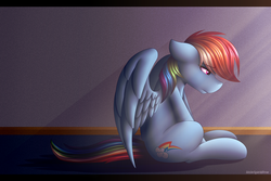 Size: 3000x2000 | Tagged: safe, artist:spirit-dude, rainbow dash, pegasus, pony, g4, crepuscular rays, female, floppy ears, high res, looking down, profile, sad, sitting, solo, spread wings