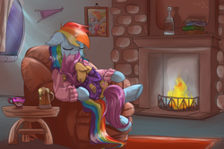 Size: 1500x1000 | Tagged: safe, artist:redheadfly, rainbow dash, scootaloo, pegasus, pony, g4, book, bottle, clothes, cuddling, cute, cutealoo, dashabetes, eyes closed, female, filly, fireplace, mare, scootalove, sleeping, snuggling, sweater