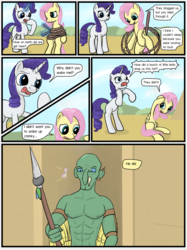 Size: 1280x1707 | Tagged: safe, artist:fimflamfilosophy, fluttershy, rarity, goblin, pegasus, pony, unicorn, g4, cartoon, comic, dialogue, female, fluttershyfriday, male nipples, mare, nipples, rope, spear, stake, tied up, weapon