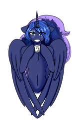 Size: 2071x3211 | Tagged: safe, artist:seaweedponie, princess luna, semi-anthro, g4, belly button, female, floppy ears, grin, high res, moon, simple background, smiling, solo, tangible heavenly object