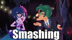 Size: 1358x768 | Tagged: safe, edit, edited screencap, screencap, sci-twi, timber spruce, twilight sparkle, equestria girls, g4, legend of everfree - bloopers, my little pony equestria girls: legend of everfree, bare shoulders, blooper, crying, crystal gala, groucho marx psyche out, groucho mask, image macro, laughing, male, meme, nigel thornberry, shipping, sleeveless, smashing (meme), straight, strapless, tears of laughter, timbertwi