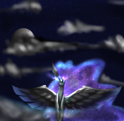 Size: 4000x3890 | Tagged: safe, artist:michyfactory, nightmare moon, g4, eyes closed, female, high res, moon, night, solo, spread wings, stars