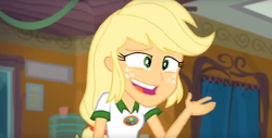 Size: 1769x897 | Tagged: safe, screencap, applejack, equestria girls, g4, my little pony equestria girls: legend of everfree, blooper, cropped, faic, female, hatless, missing accessory, silly, silly human, solo, who's a silly human