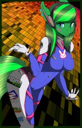 Size: 821x1280 | Tagged: safe, artist:sachavayle, angel bunny, oc, oc only, oc:jade aurora, rabbit, anthro, g4, advertisement, clothes, cosplay, costume, crossover, d.va, ear piercing, earring, face paint, female, gaming, headset, jewelry, jumpsuit, nerf this, overwatch, piercing, racing suit, solo, video game, whisker markings