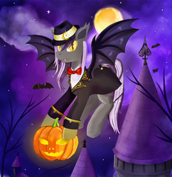 Size: 1486x1536 | Tagged: source needed, safe, artist:evescintilla, oc, oc only, oc:droideka, bat, bat pony, pony, fedora, halloween, hat, holiday, jack-o-lantern, male, moon, nightmare night, pumpkin, solo