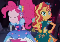 Size: 867x607 | Tagged: safe, screencap, captain planet, lyra heartstrings, paisley, pinkie pie, sunset shimmer, equestria girls, g4, legend of everfree - bloopers, my little pony equestria girls: legend of everfree, crystal gala, derp, offscreen character