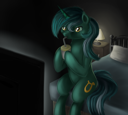 Size: 3000x2700 | Tagged: safe, artist:studentlaure, lyra heartstrings, pony, g4, bed, female, high res, sitting, soda, solo, television