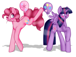 Size: 1024x768 | Tagged: safe, artist:vvalent, pinkie pie, twilight sparkle, alicorn, earth pony, pony, g4, balloon, duo, female, lesbian, mare, mouth hold, one eye closed, open mouth, raised hoof, ship:twinkie, shipping, simple background, transparent background, twilight sparkle (alicorn), wink