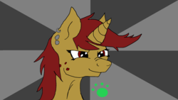 Size: 1600x900 | Tagged: safe, artist:vorian caverns, oc, oc only, oc:ginger snap, pony, unicorn, fallout equestria, bust, ear piercing, freckles, gray background, piercing, portrait, simple background, slaver, smug, solo
