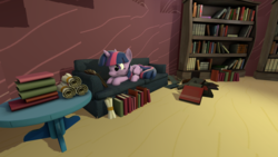 Size: 2560x1440 | Tagged: safe, artist:asylum529, twilight sparkle, alicorn, pony, g4, 3d, book, couch, cute, female, prone, reading, scroll, smiling, solo, source filmmaker, twilight sparkle (alicorn)