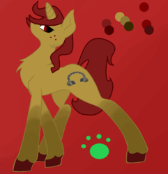 Size: 879x910 | Tagged: safe, artist:vorian caverns, oc, oc only, pony, unicorn, color palette, freckles, red background, red eyes, shackles, simple background, solo