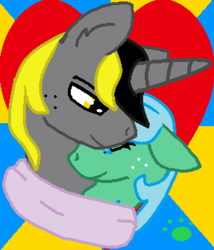 Size: 290x339 | Tagged: safe, oc, oc only, pegasus, pony, unicorn, clothes, cuddling, female, freckles, heart, male, relationship, scarf, snuggling, stolen art, straight, yellow eyes