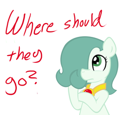 Size: 1500x1406 | Tagged: safe, artist:ficficponyfic, edit, oc, oc only, oc:emerald jewel, earth pony, pony, colt quest, amulet, child, color, colored, colt, cyoa, femboy, foal, hair over one eye, male, question mark, simple background, solo, story included, thinking, vector, white background