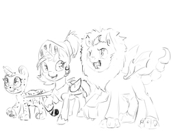 Size: 3300x2550 | Tagged: safe, artist:silfoe, oc, oc only, oc:eventide glisten, oc:pterus, oc:twilight dapple, unnamed oc, alicorn, bat pony, cheetah, manticore, pony, unicorn, other royal book, adopted offspring, alicorn oc, black and white, clothes, costume, fantasy class, grayscale, high res, knight, magical lesbian spawn, monochrome, nightmare night, offspring, parent:princess luna, parent:twilight sparkle, parents:twiluna, simple background, warrior, white background