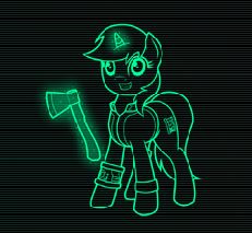 Size: 231x213 | Tagged: safe, artist:empalu, oc, oc only, oc:littlepip, pony, unicorn, fallout equestria, game: fallout equestria: remains, axe, clothes, fanfic, fanfic art, female, game screencap, glowing horn, gun, horn, jumpsuit, magic, mare, pipbuck, solo, telekinesis, vault suit, weapon
