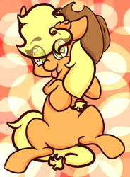 Size: 1974x2681 | Tagged: safe, artist:hedgehog-plant, applejack, earth pony, pony, g4, abstract background, female, mare, on back, solo, tongue out